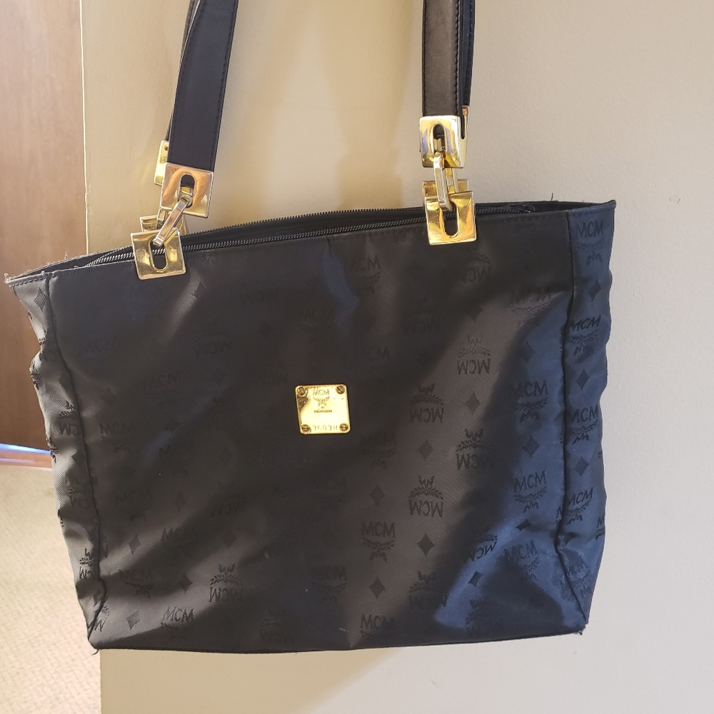 MCM Large Black Nylon Tote with gold hardware.